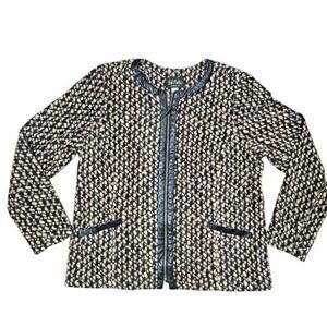 Bob Mackie Wearable Art Black Tan Textured Zip Front Jacket Faux Leather Trim M